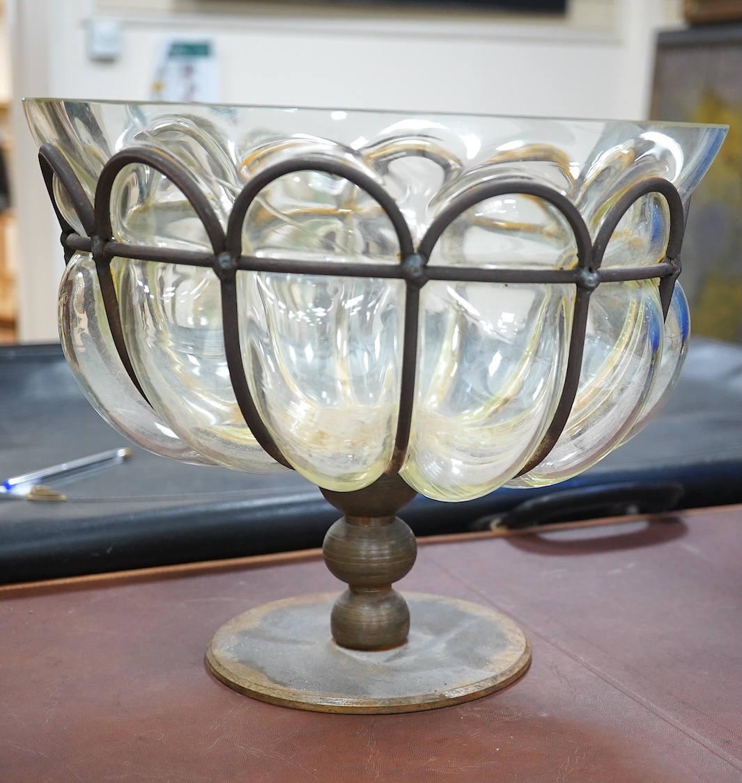 A wrought iron and clear glass pedestal bowl, 26.5cm tall. Condition - would benefit from a clean, otherwise good